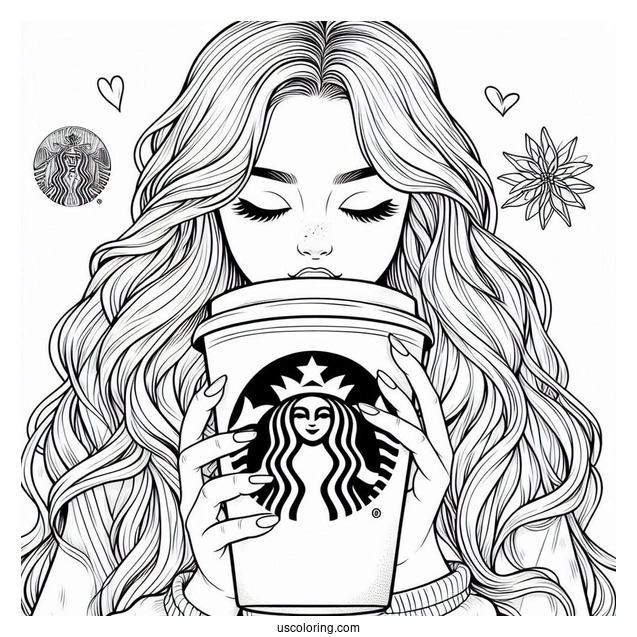 Woman Drinking From A Massive Starbucks Coloring Page Of Cup