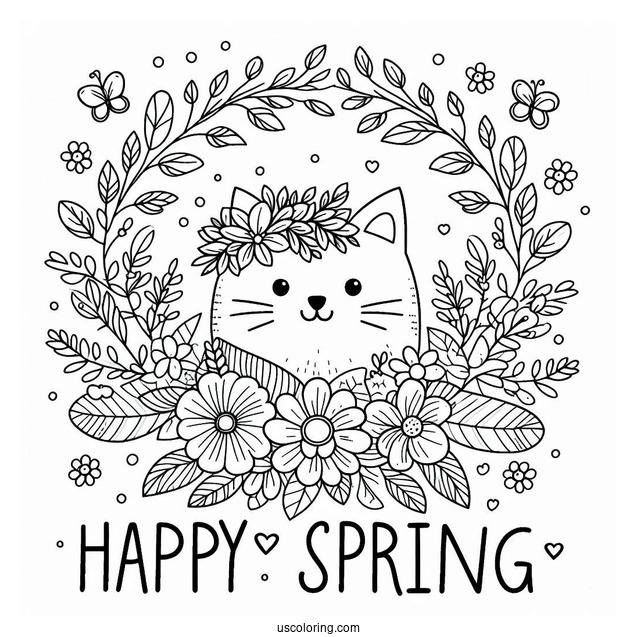 Happy Spring Words Above A Cat Wearing A Flower Wreath Coloring Sheet