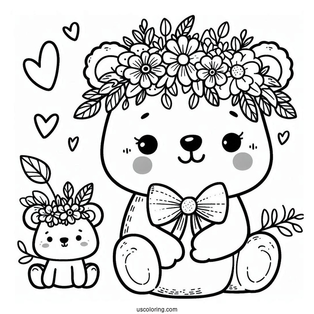 Easy Cartoon Bear With Flower Crown And Bow Spring Coloring Page