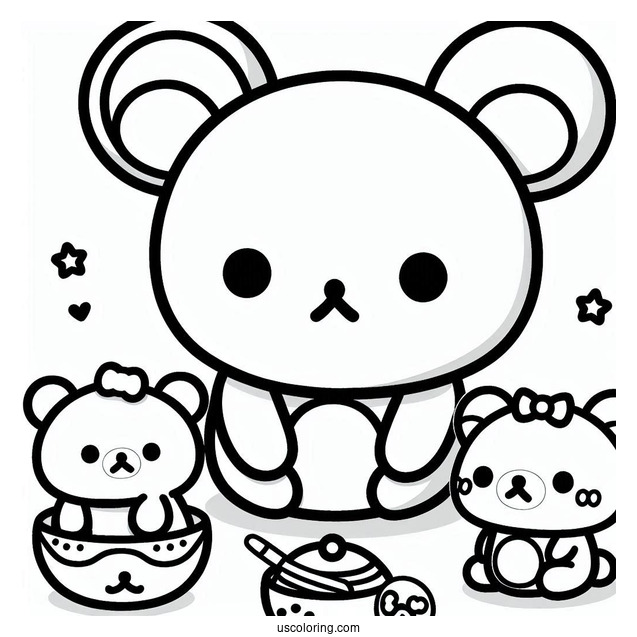 Simple Rilakkuma Coloring Page Outline With Kiiroitori, Korilakkuma, And Chairoikoguma For Preschoolers