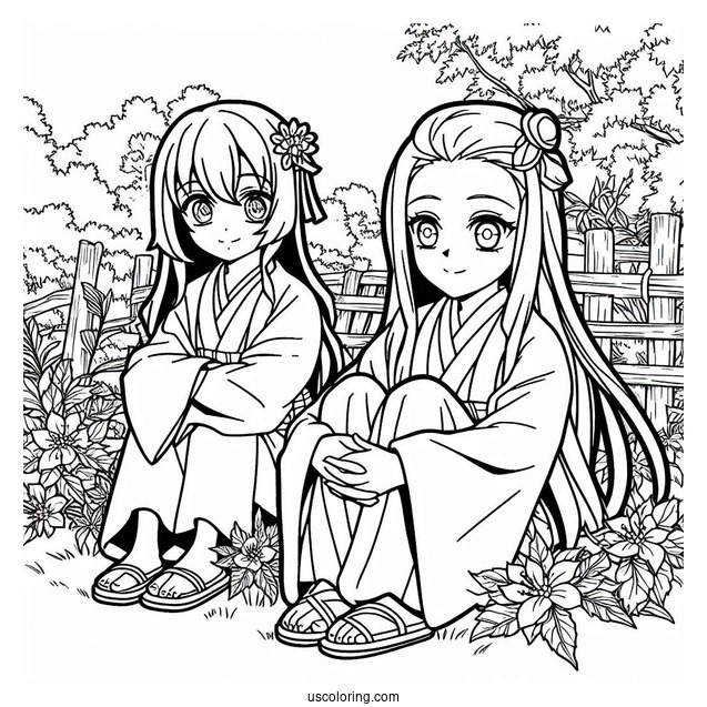 Nezuko Coloring Page Sitting Next To Inosuke In Garden