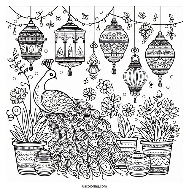 Elegant Peacock Coloring Page Among Hanging Lanterns And Potted Plants