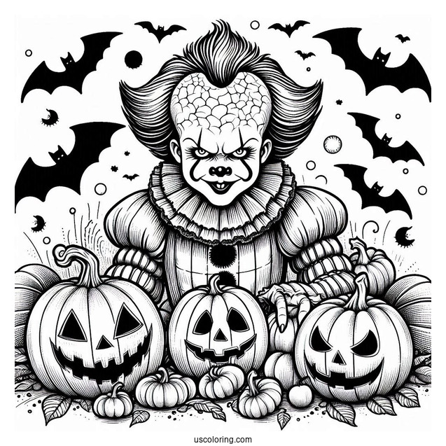 Pennywise Coloring Page With Bats And Jack O Lanterns