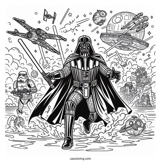 Darth Vader In A Battle Coloring Page