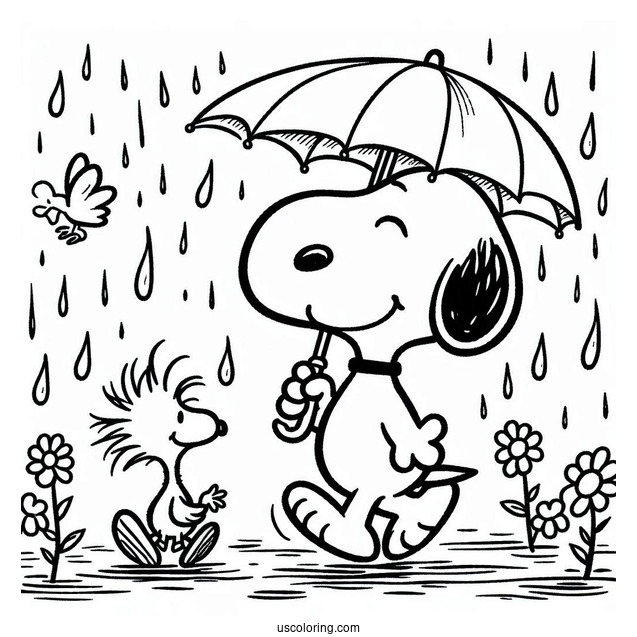Snoopy And Woodstock Walking Under The Rain Coloring Page