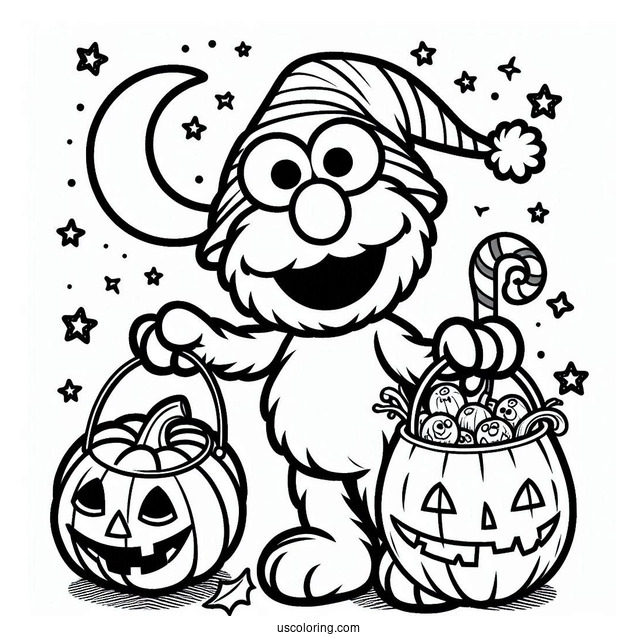 Elmo Trick-Or-Treating With Pumpkin To Color