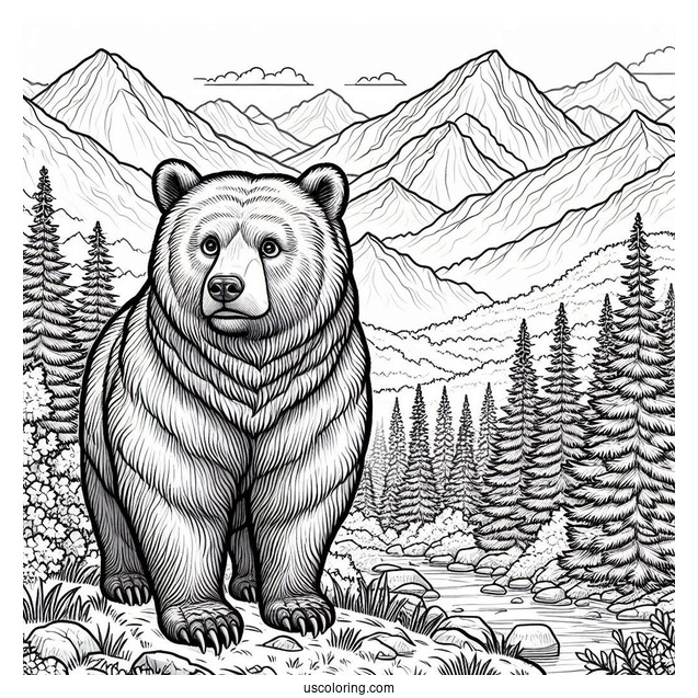 Realistic Bear Coloring Page Standing Up In Mountainside