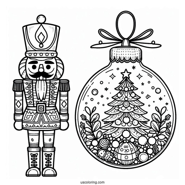 Christmas Ornaments Coloring Page Of Nutcracker And Christmas Tree Inside Bauble