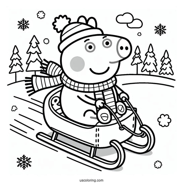 George Pig Riding Sleigh In Winter To Color