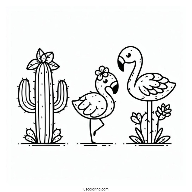 Kawaii Cactus And Flamingo To Color
