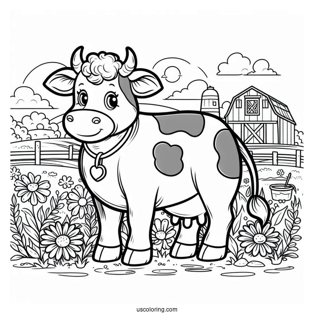 Coloring Sheet Of Cow On a Farm