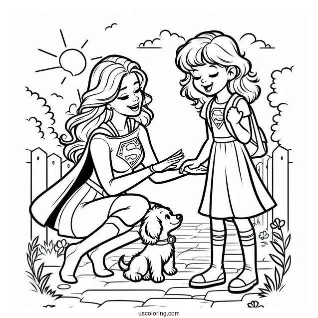 Supergirl Coloring Page Helping A Little Girl And Her Dog