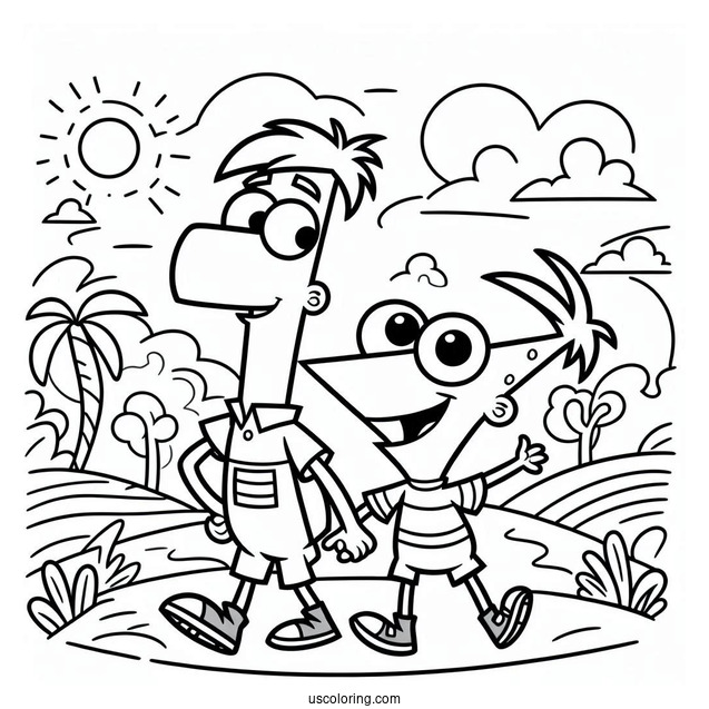 Simple Phineas And Ferb Coloring Page Outline For Kids