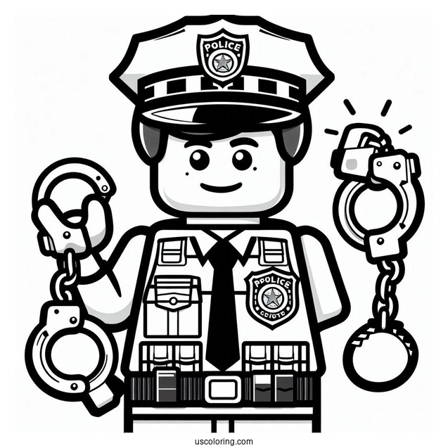 Coloring Page Of Lego Police Officer Holding Cuffs And Badge