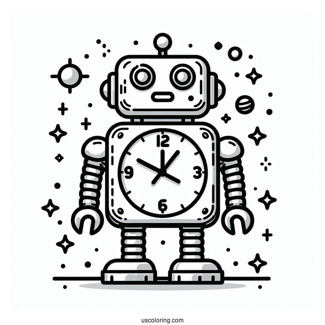 Coloring Page Of a Robot Themed Clock