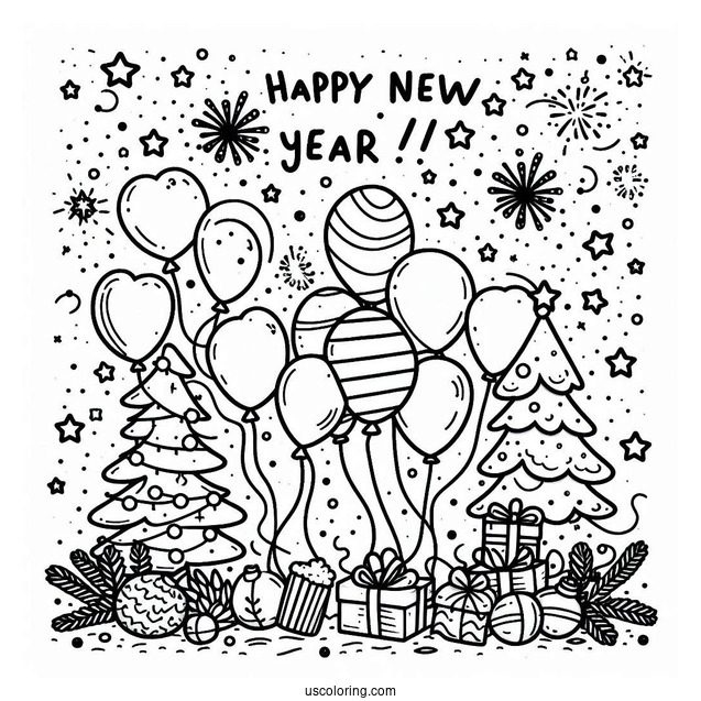 Happy New Year Coloring Page Of Balloons, Stars, And Confetti
