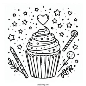 Cupcake With Stars And Love Heart To Color