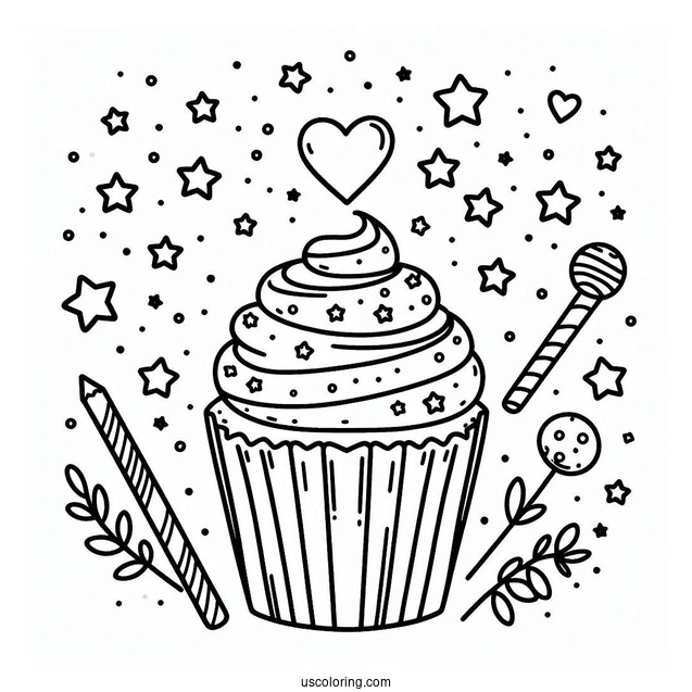 Cupcake With Stars And Love Heart To Color