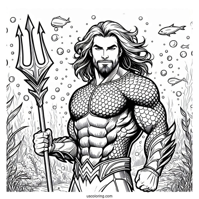 Aquaman Holding Trident Underwater Coloring Sheet