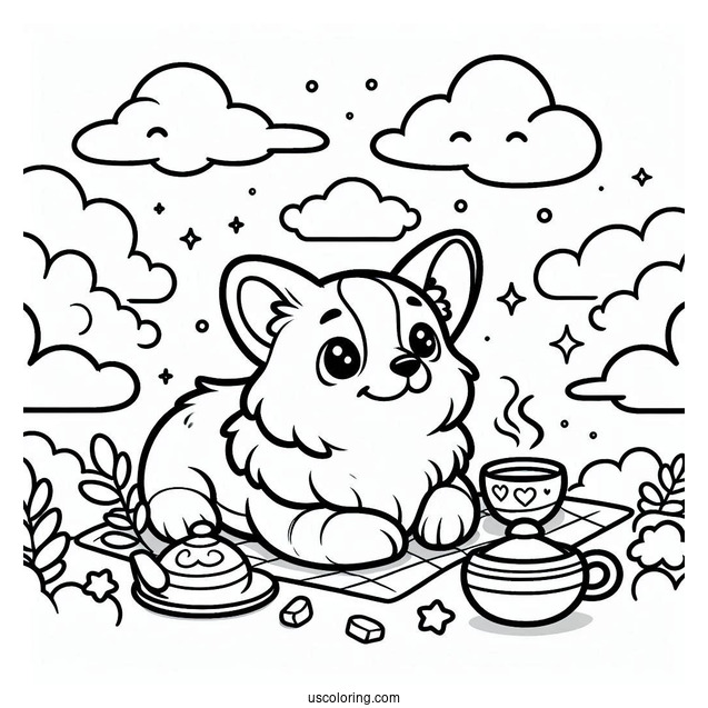 Cartoon Corgi Coloring Page In The Clouds Having Tea