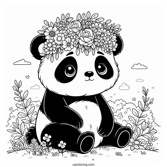 Cute Panda Coloring Page Sitting with Giant Floral Crown in a Meadow