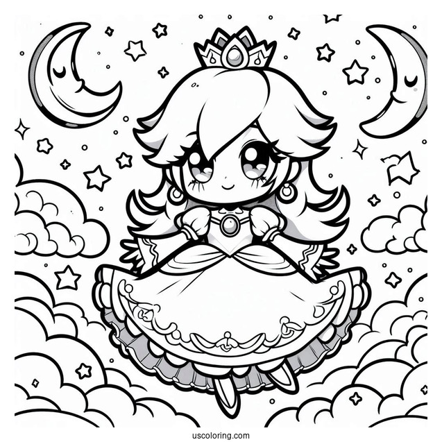 Chibi Princess Rosalina In The Sky With Lumas Coloring Sheet
