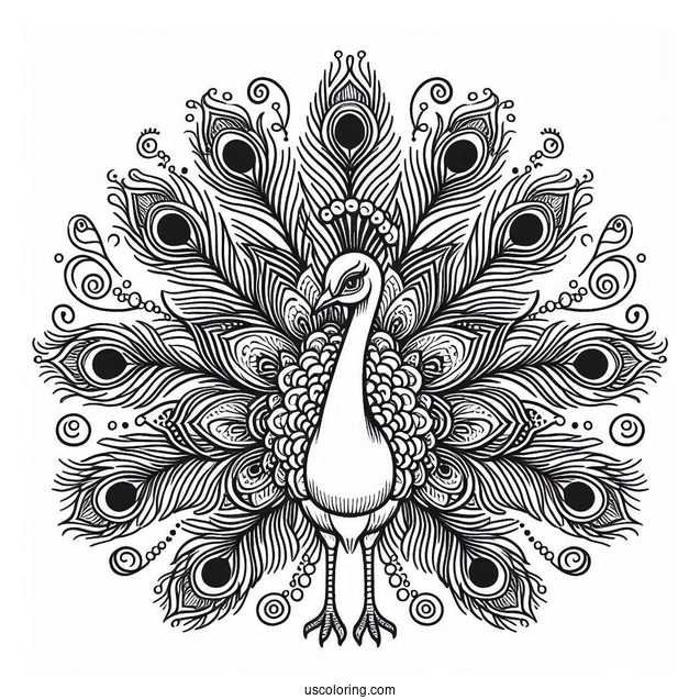 Peacock With Feathers Spread For Coloring
