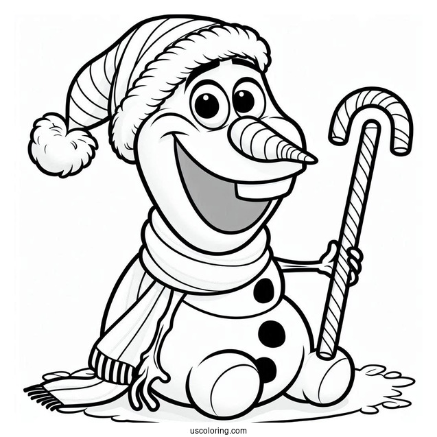 Olaf Wearing Santa Hat With Candy Cane To Color