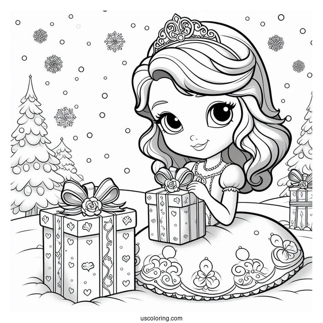 Sofia The First Coloring Page Of With Christmas Present In Snow