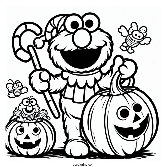 Elmo Trick-Or-Treating With Pumpkin To Color
