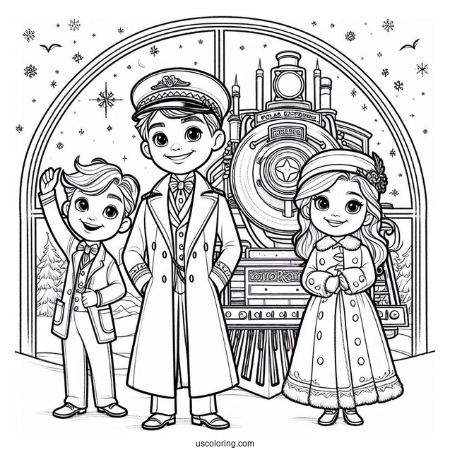 Conductor, Hero Boy, And Hero Girl In Front Of The Polar Express Coloring Page
