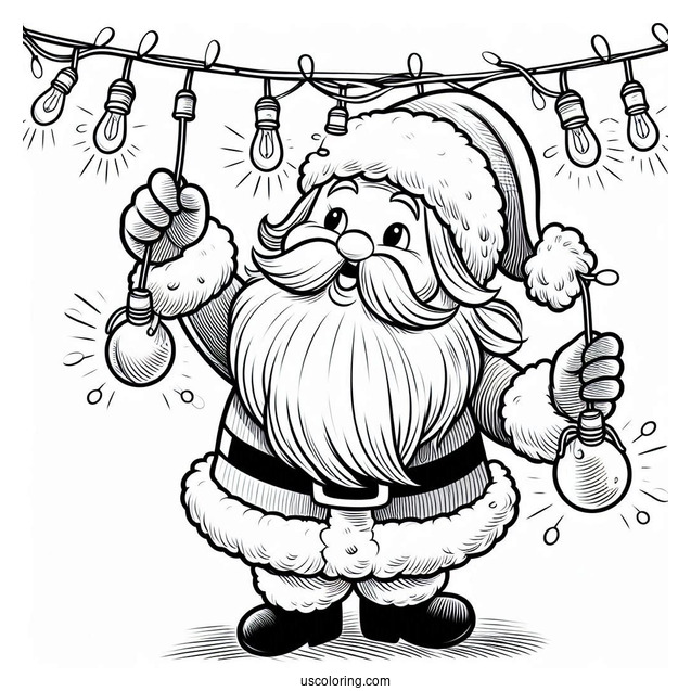 Jolly Santa Haning Up Christmas Lights To Color