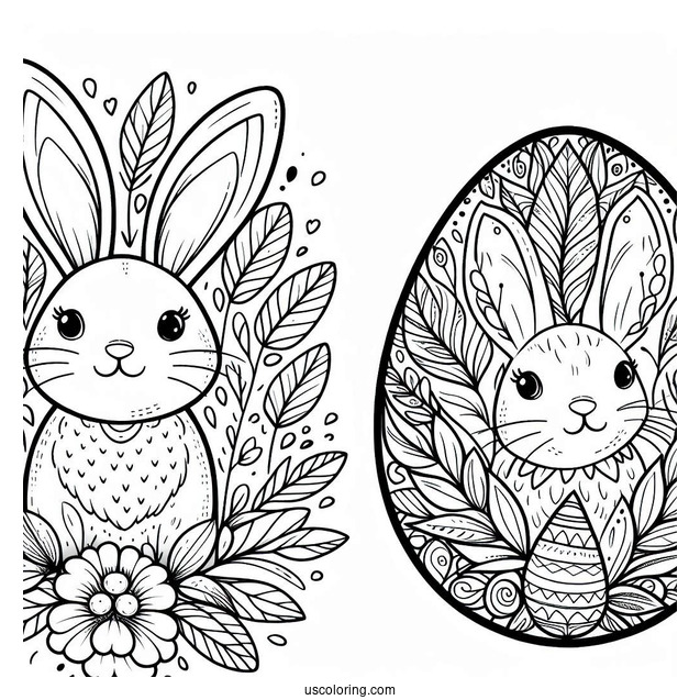 Bunny And Leaves Pattern Easter Egg Coloring Page