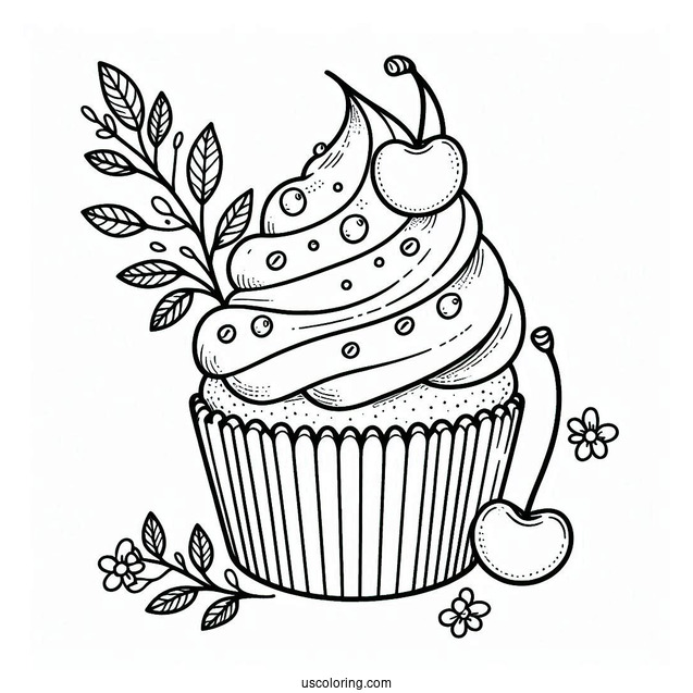 Cupcake With Cherries And Sprinkles To Color