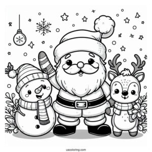 Santa With Rudolph And Snowman To Color