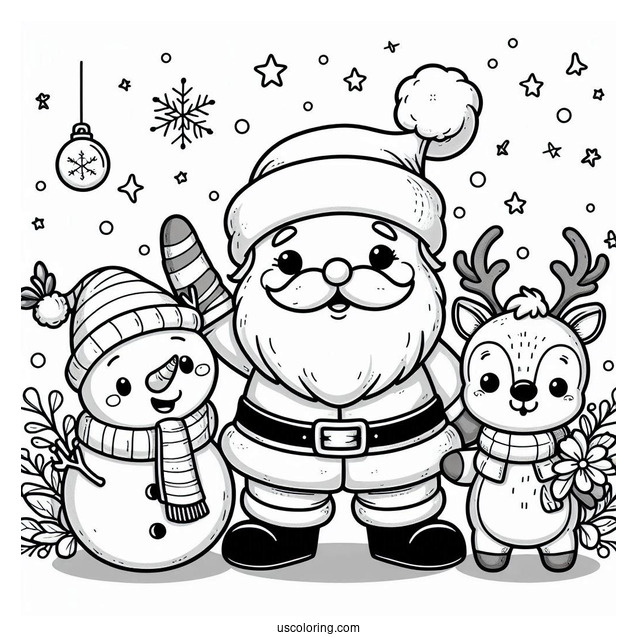 Santa With Rudolph And Snowman To Color
