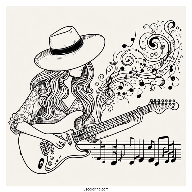 Music Coloring Page Of Woman In Hat Playing Electric Guitar