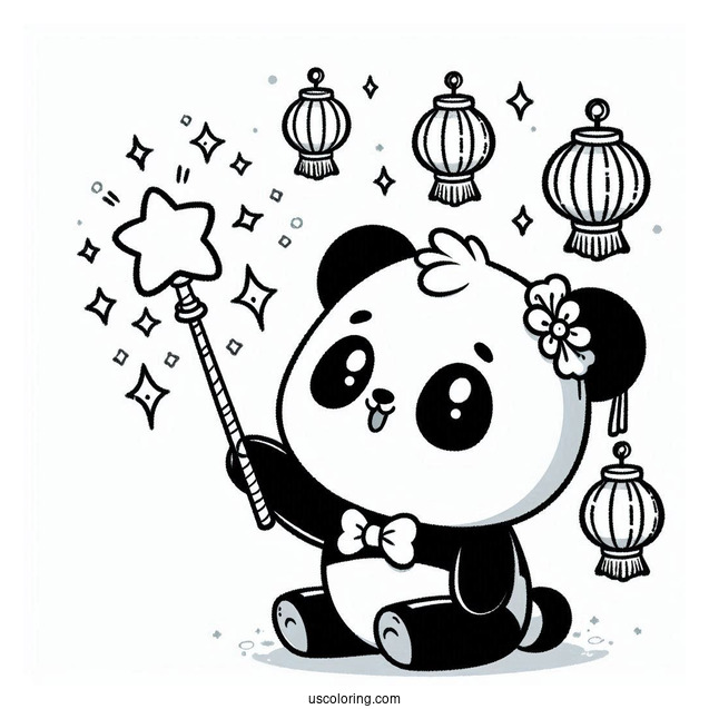 Panda Coloring Page with Sparkling Wand and Floating Lanterns For Kids