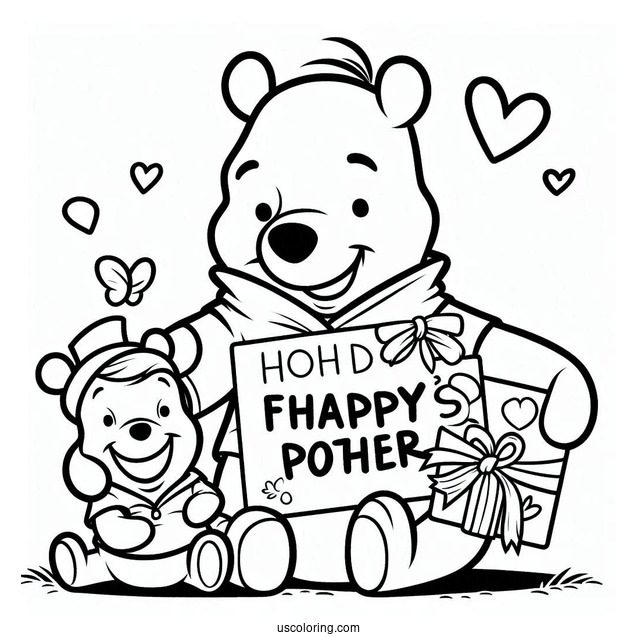 Smiling Winnie The Pooh With A Happy Father's Day Sign Coloring Page For Kids