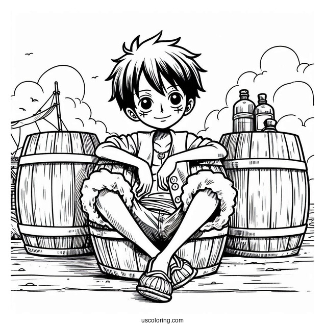 Luffy Coloring Page Leaning On Barrels On Port