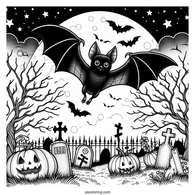 Creepy Bat Coloring Page Flying Over Graveyard On Halloween