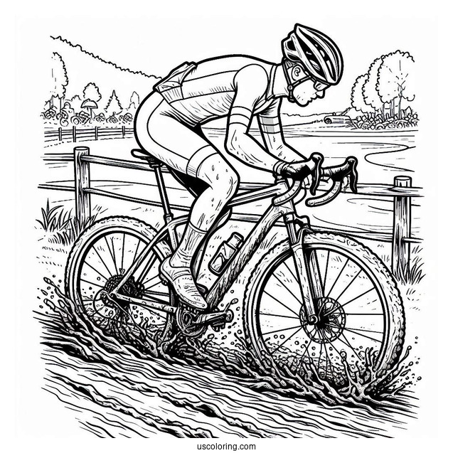 Bicycle Coloring Page Of Professional Cyclist Riding Through Mud