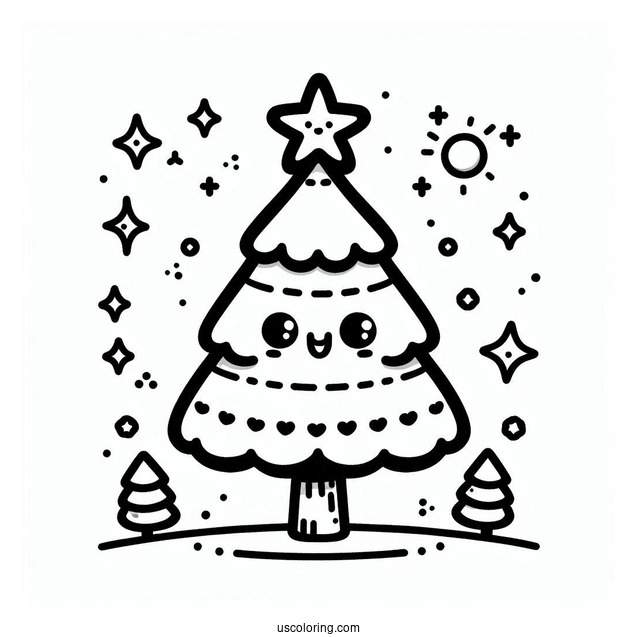 Cute Kawaii Christmas Tree Coloring Page