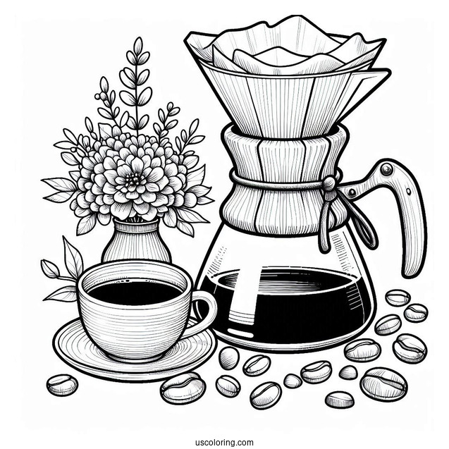 Coffee Coloring Pages Of Outline Of Chemex Coffee Maker With Filter And Bowl Of Beans