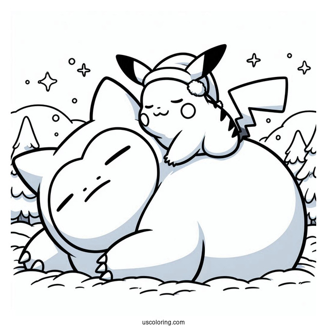Pikachu Sleeping On Top Of Snorlax Coloring Page In Winter