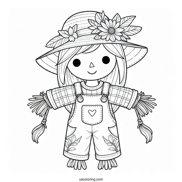 Cute Scarecrow Coloring Page With Hat And Overalls For Kids