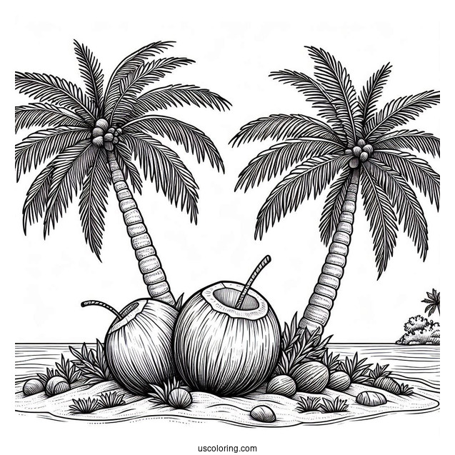 Two Large Coconut Coloring Page Trees On An Island