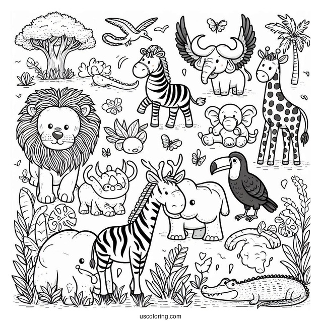 Jungle Coloring Page Of Cute Lion, Buffalo, Crocodile, Zebra, Toucan, Elephant, Giraffe, And Monkey