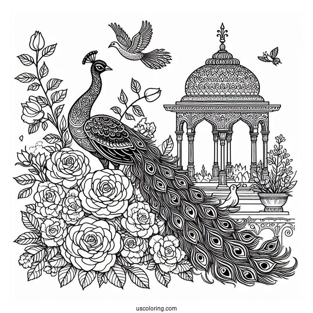 Peacock Coloring Page in Blooming Rose Garden with Architectural Details