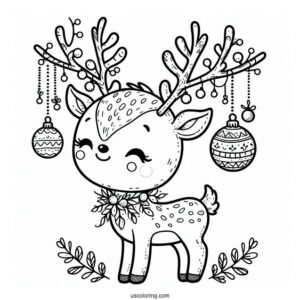 Cute Reindeer With Christmas Ornaments Hanging From Antlers